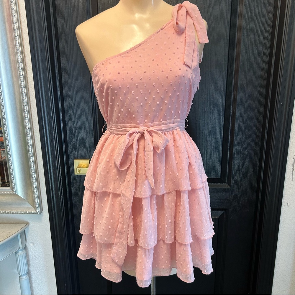 Showpo Pink One Shoulder Mini Dress with Bow Detail